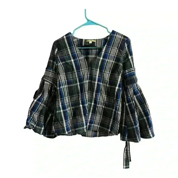 GIANNI BINI Serena Blouse Blue Checkered Bell Sleeves Sz XS NEW - Picture 4 of 8
